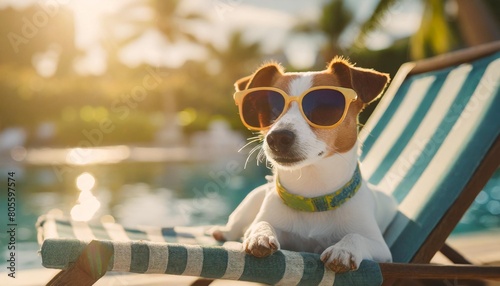 jack russell terrier dog with sunglasses sunbathing on sun lounger summer and vacation concepts generative ai © Marsha