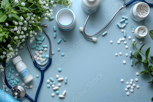 stethoscope, protective medical mask and various medications on a blue background copy space top view photo