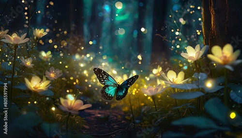 fairy forest at night fantasy glowing flowers butterfly and lights generate ai