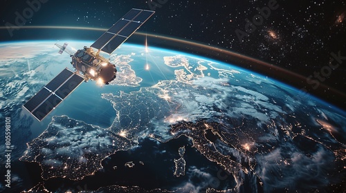 Telecommunication satellite providing global internet network and high speed data communication above Europe. Satellite in space, low Earth orbit. Worldwide data communication technology.