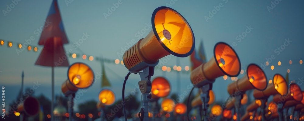 Group of megaphones float in the air, with orange and yellow colors, set against an outdoor background at dusk.