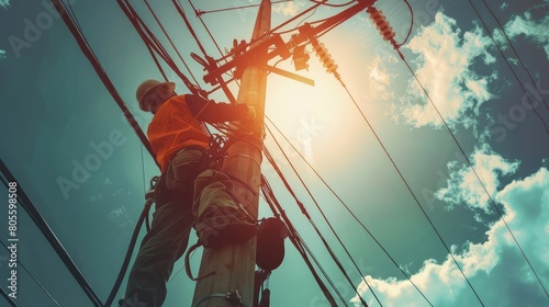 A lineman working in the electrical pole in uniform.
