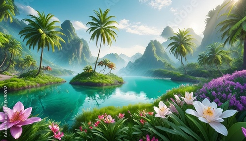 beautiful spring summer fantasy tropical forest landscape environment for background digital art fantasy art 3d environment