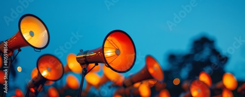 Group of megaphones float in the air, with orange and yellow colors, set against an outdoor background at dusk. photo