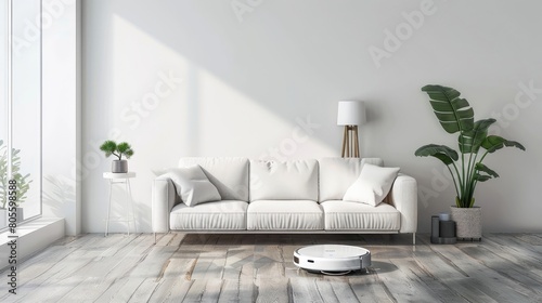 A living room with a white couch and a white robot vacuum photo