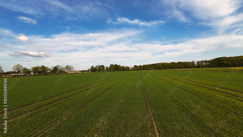 Green grass field with blue sky, clouds, and trees in the background 4K FPV drone view Hanover Seelze Germany Green grass field with blue sky, clouds, and trees in the background 4K FPV drone view Hanover Seelze Germany