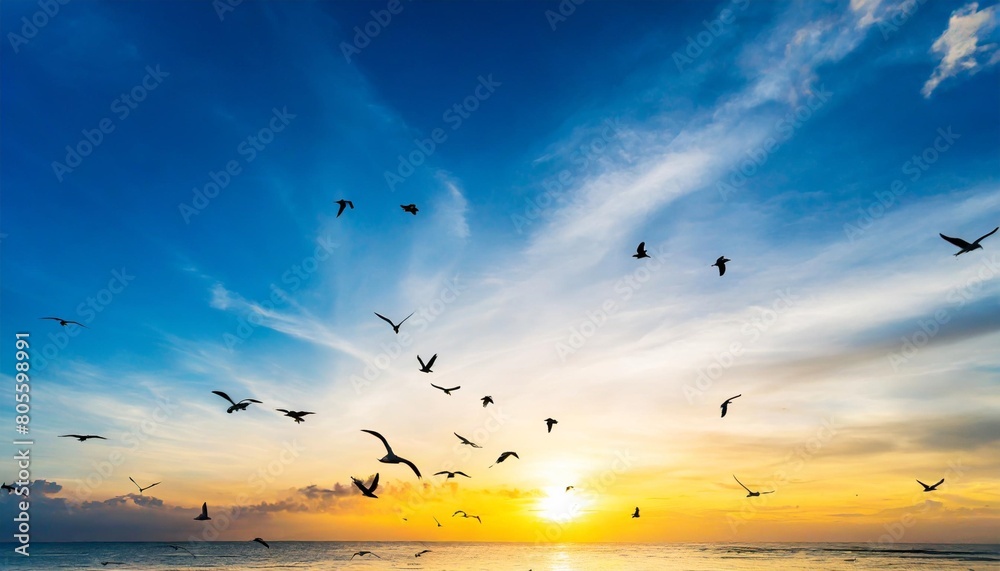 abstract beautiful peaceful summer sky background sunrise new day and flying flock of birds generative ai