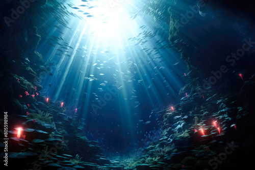 A captivating underwater vista illuminated by rays of light flaring through the water, enhancing the mystical ambiance of the ocean depths.