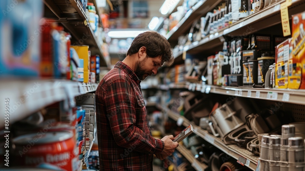 A man browses through neatly organized shelves in a grocery store, examining auto parts options