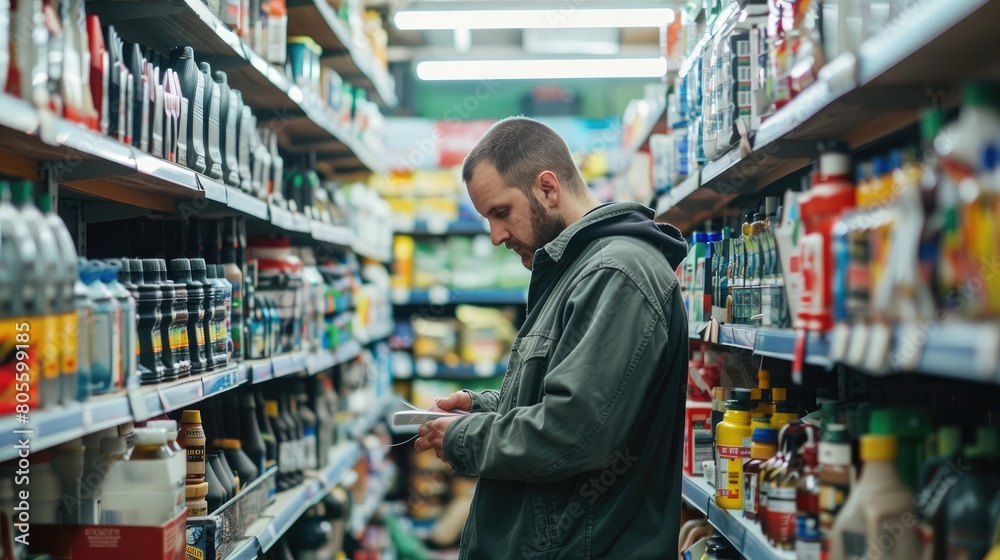 A man browses through neatly organized shelves in a grocery store, examining auto parts options