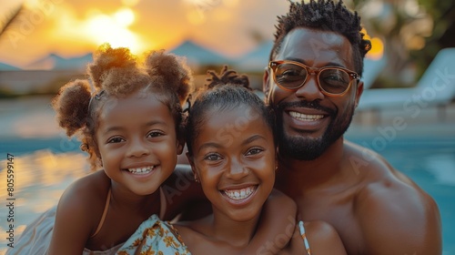 Man and Two Young Girls Smiling by Swimming Pool
