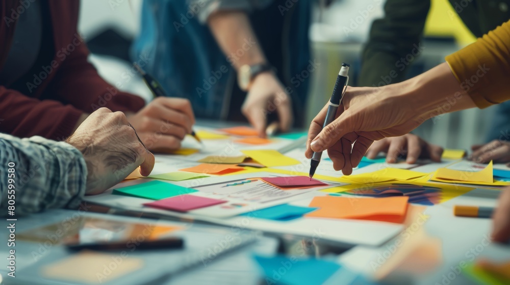 Group of people were working together around an open table with post-it notes and papers, depicting a team work concept. Group of people were working together around an open table with post-it notes and papers, depicting a team work concept.