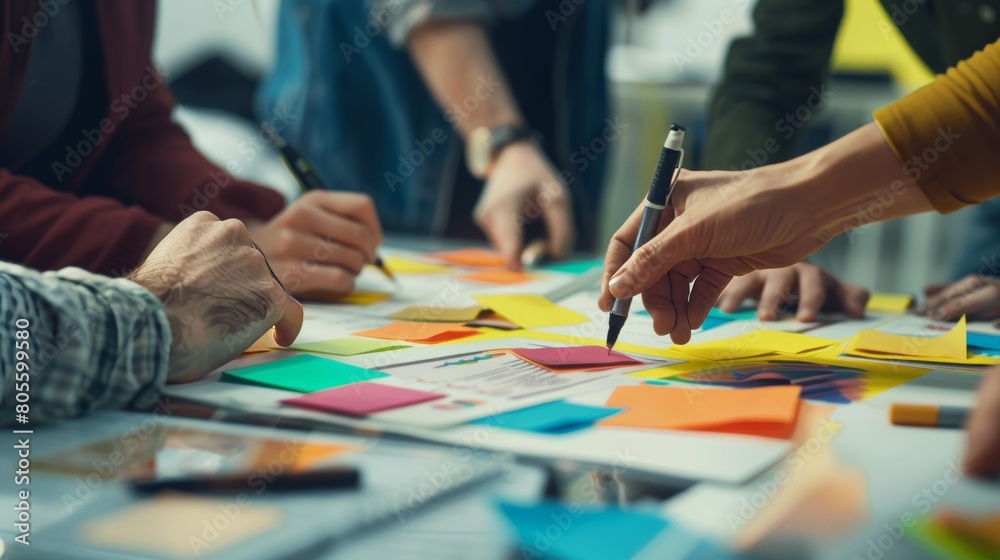 Group of people were working together around an open table with post-it notes and papers, depicting a team work concept.