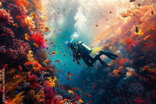 Vibrant underwater scene with a scuba diver exploring a colorful coral reef teeming with marine life