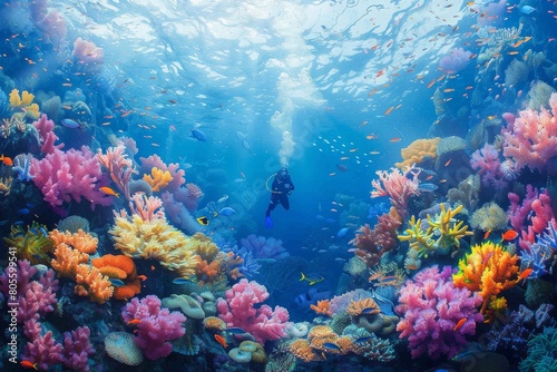 A diver is surrounded by a vivid coral reef teeming with marine life, illuminated by natural sunlight from above