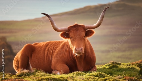 asturian roxa cow with curved horns in a meadow photo