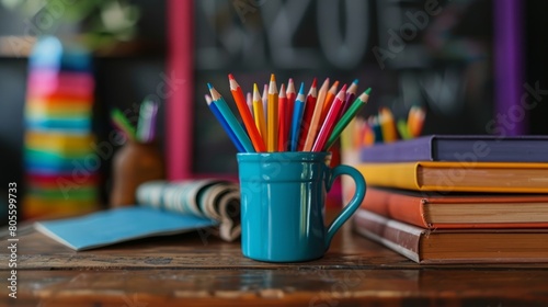 books, colored pencils, and a blackboard in the background create an educational setting for an international school teachers day banner photo