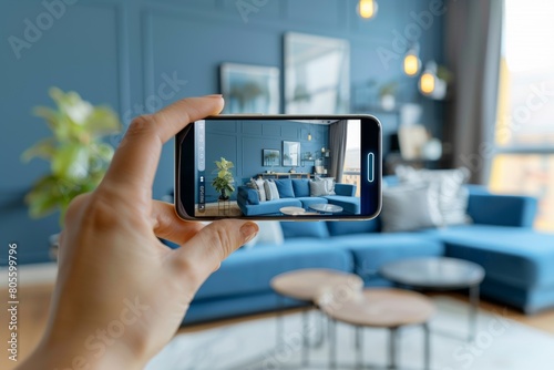 Hand holding an iPhone with augmented reality being used to show an interior design of the house in 3D. A virtual view inside a room showing furniture and home decor on the screen with blue lighting