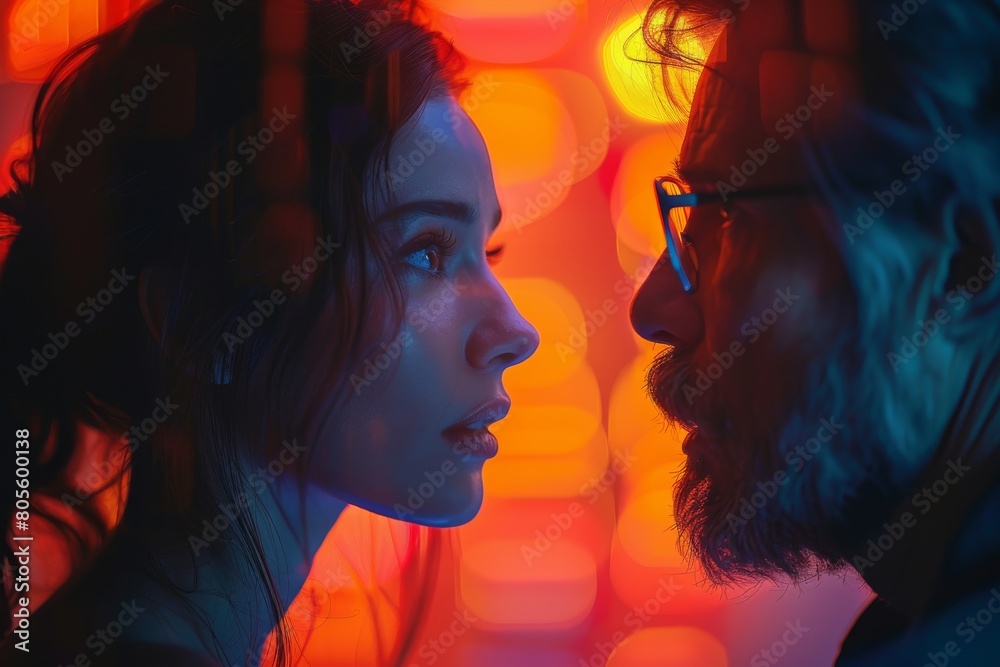 An emotional and intimate moment captured between a couple, bathed in warm red light emphasizing connection An emotional and intimate moment captured between a couple, bathed in warm red light emphasizing connection