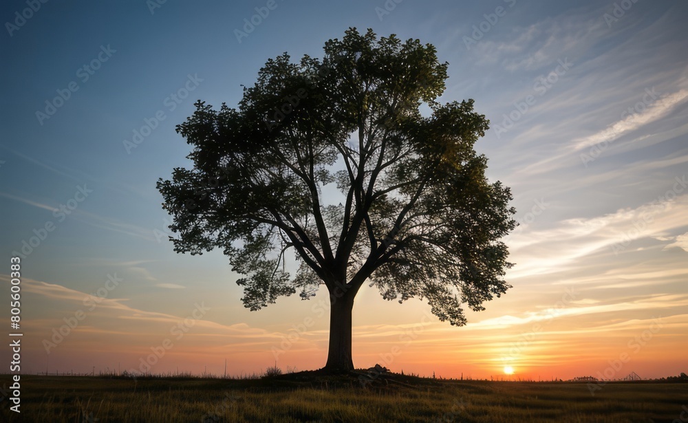 professional photograph of single tree in sunset