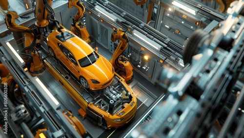 High-tech car production line with robotic arms working on cars, shot from above.
