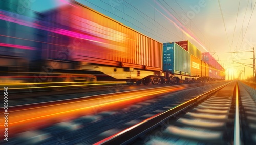Highspeed train moving past colorful cargo containers on the railway, creating an abstract and dynamic scene.