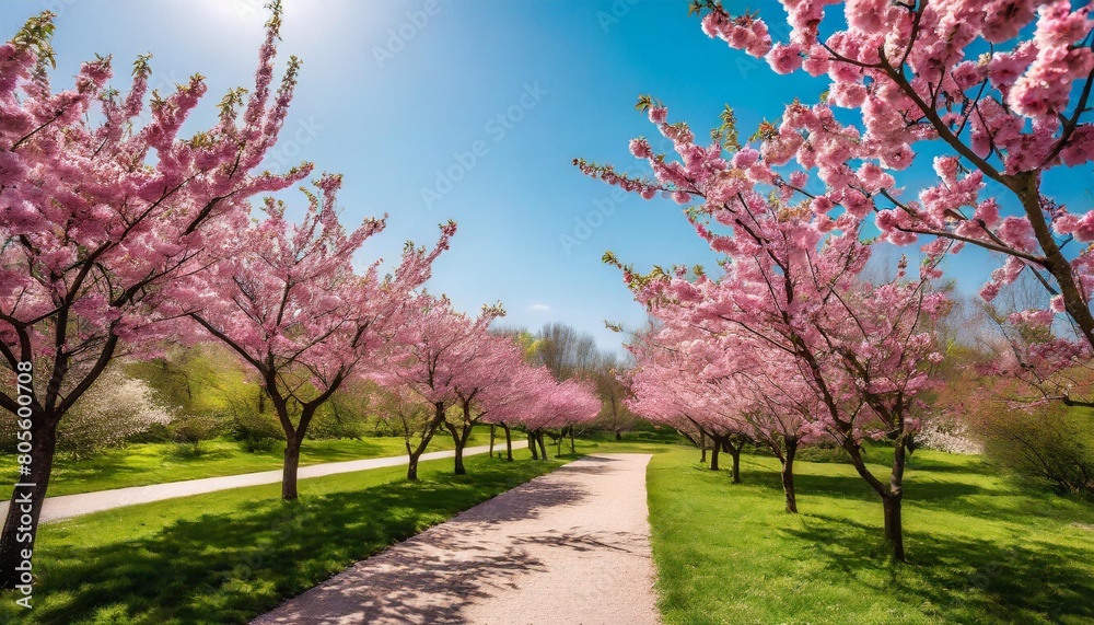 blossoming cherry trees in a spring park showcasing the delicate beauty of nature with a path winding through vibrant pink flora