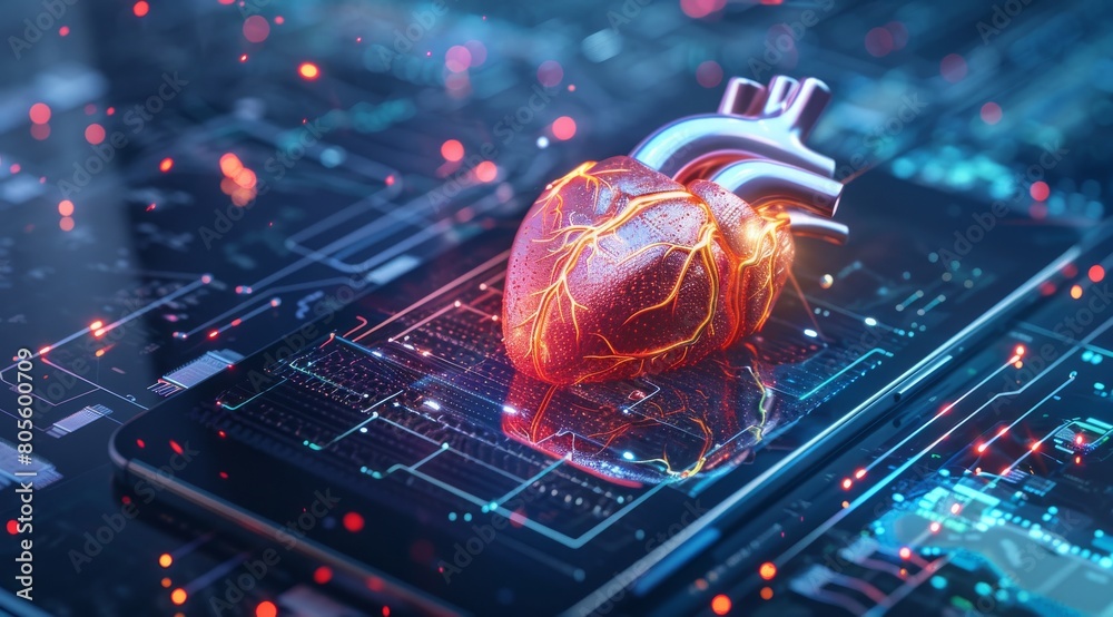 Hologram of an AIgenerated heart on top of the tablet, representing advanced medical technology and digital health.