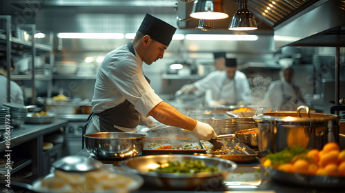 Culinary expert putting fresh chopped herbs in pan while cooking gourmet dish for dinner service at fine dining restaurant. Head chef preparing organic meal in professional kitchen.