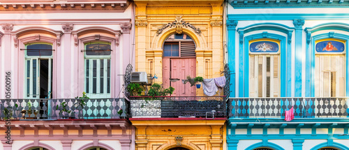 Stunning Cuban colonial architecture in Havana's Old Town featuring colorful buildings and classic design. © Szalai