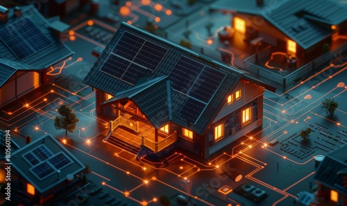 House with solar panels on the roof and lights glowing inside, surrounded by circuit boards and wires representing smart home technology.