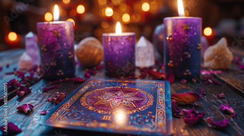 Close-up of a tarot card being placed on a table, with candles and crystals in the background