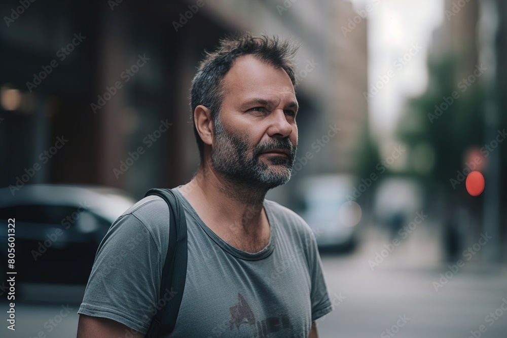 A man with a beard and a grey shirt is standing on a street A man with a beard and a grey shirt is standing on a street
