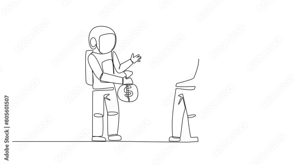 Animated self drawing of single one line drawing two astronauts standing opposite each other. The one carry money bag, the other carry rating board with 5 stars. Full length single line animation