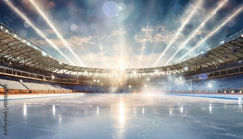 spotlights on outdoor hockey stadium with an empty ice rink light beams neon lights reflection and smoke ice show or figure skating concept