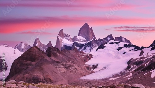 snow covered mountain peaks and glacier under a pink sky el chalten patagonia argentina photo