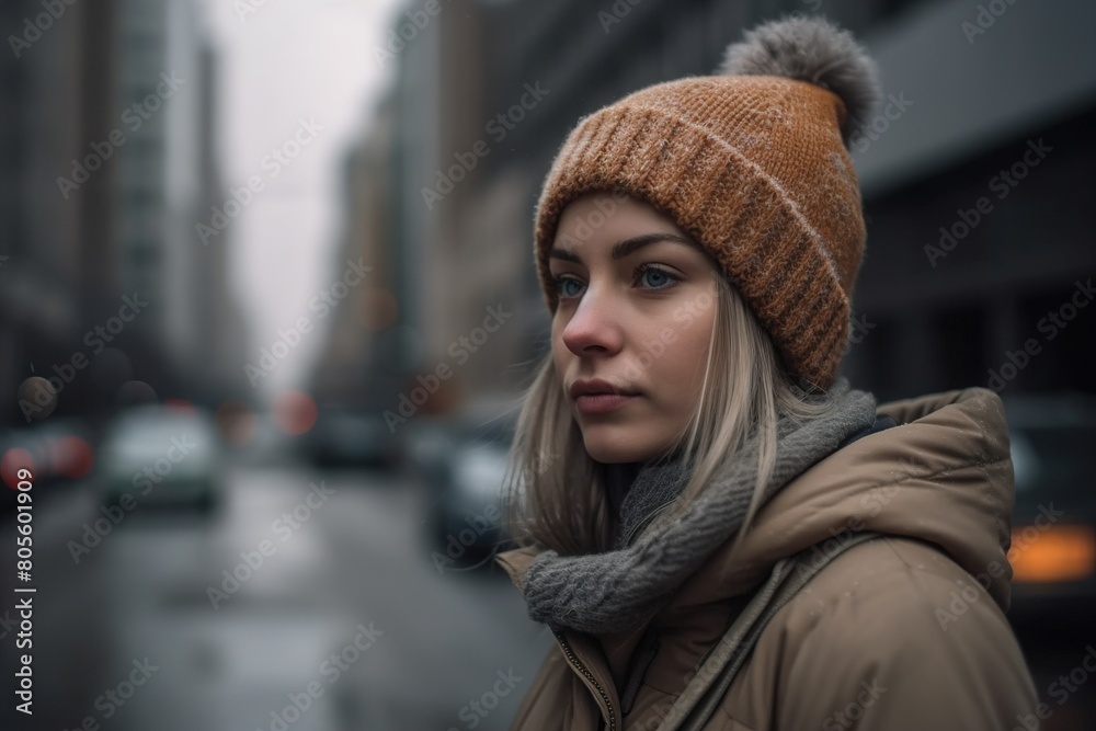 A woman wearing a brown hat and a gray scarf stands on a wet street A woman wearing a brown hat and a gray scarf stands on a wet street