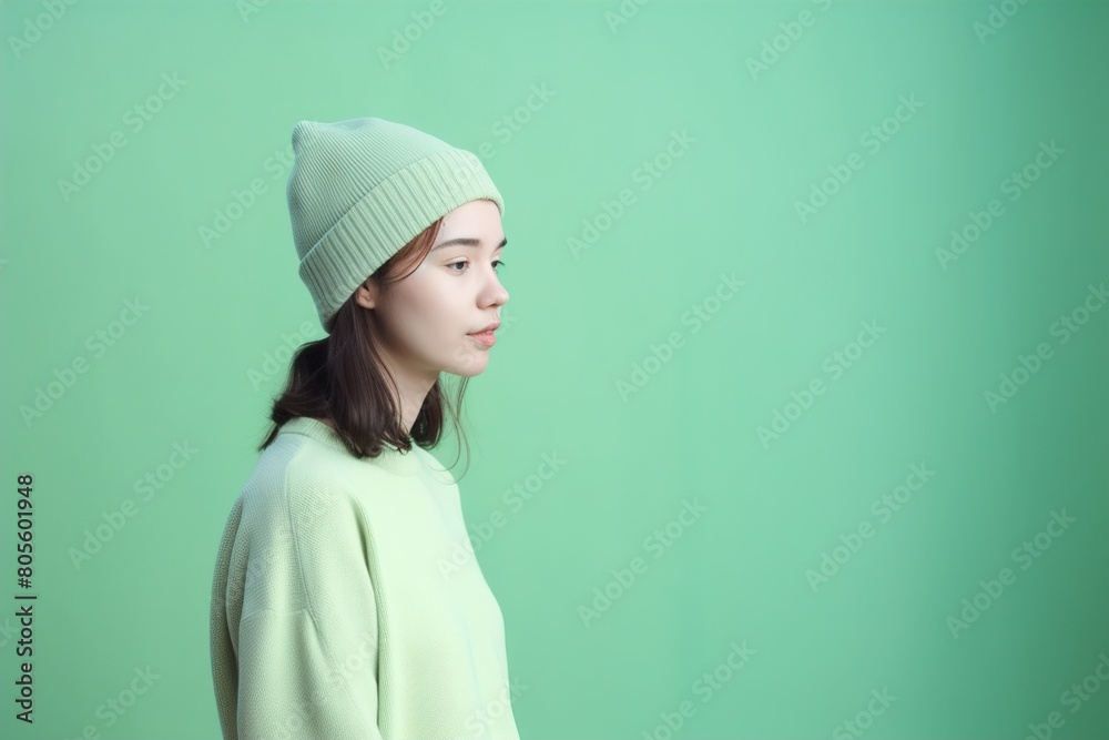A woman wearing a green hat and a green sweater stands in front of a green wall A woman wearing a green hat and a green sweater stands in front of a green wall
