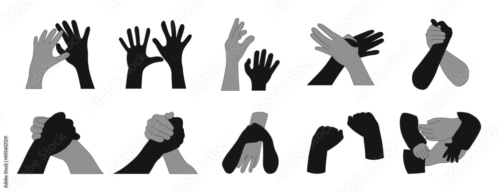 Different hand gestures set. Signs expressed by adults and children. Flat vector illustrations isolated on white background Different hand gestures set. Signs expressed by adults and children. Flat vector illustrations isolated on white background