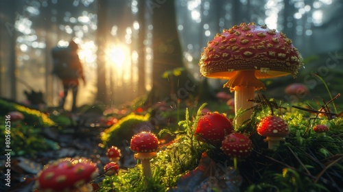 Person Walking Through Forest Filled With Mushrooms