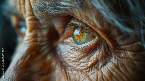 portrait details, a detailed artwork: a close-up of an elderly womans eye and gray hair, highlighting the intricacies of her eyelashes and wispy strands