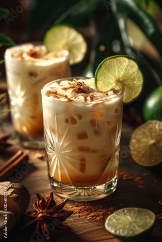 Two Glasses of Iced Coffee With Limes and Cinnamon