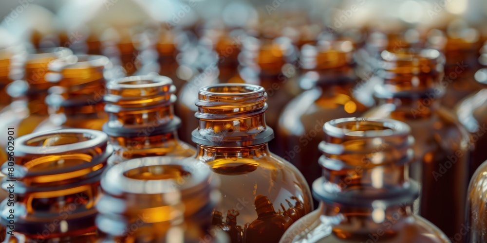 Brown glass medical or cosmetic or drink empty bottles no caps stand on conveyor at factory Brown glass medical or cosmetic or drink empty bottles no caps stand on conveyor at factory