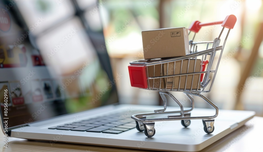 Miniature shopping cart with boxes inside is placed on top of an open laptop computer, symbolizing the online retail and ecommerce concept.