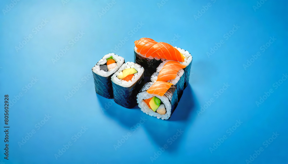 sushi on a blue background in a minimalistic presentation, nuri seaweed, red fish and rice for menus, trade, discounts