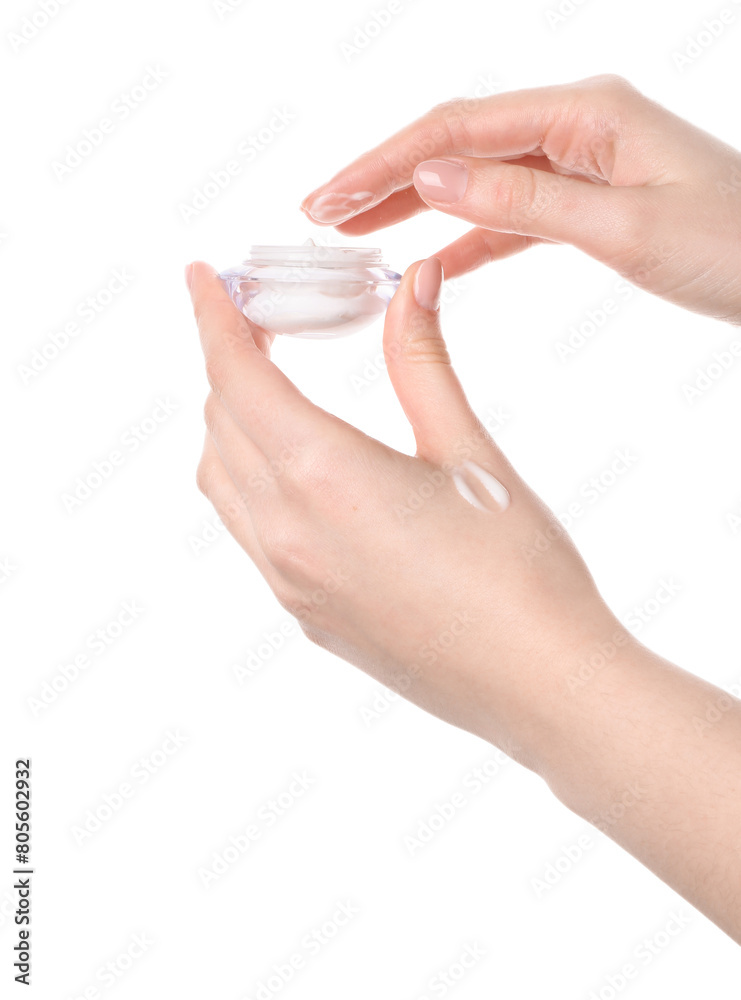 Woman with jar of cream on white background, closeup Woman with jar of cream on white background, closeup