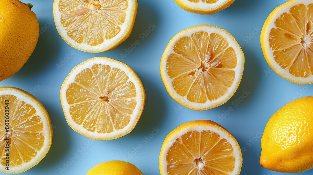 Obraz premium Group of Halved Lemons on Blue Surface