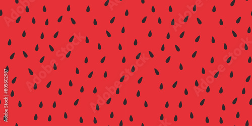 Watermelon pulp pattern with black seeds. Natural Ripe. Seamless print of red inside of Fruit Berry. Summer juicy fresh food. Horizontal background. Vector illustration