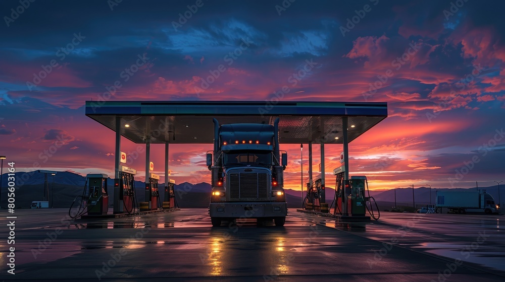 A semi truck looms over the fuel pumps as it is parked at a gas station