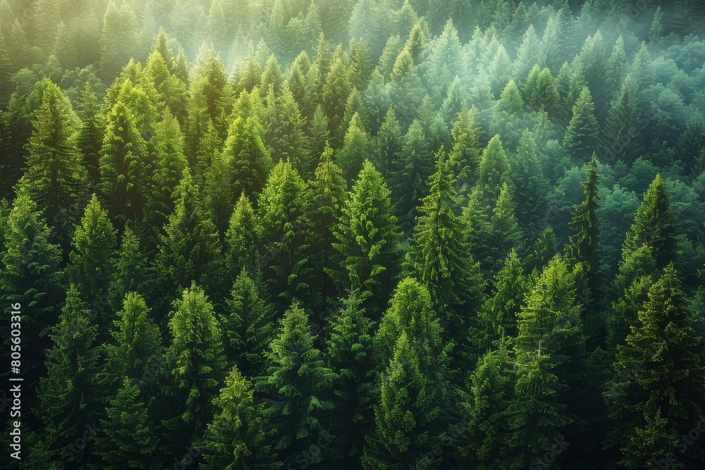 Fotobehang Betoverde Bos Sunlight beams through the mist in an enchanting view of a lush green pine forest #805603316